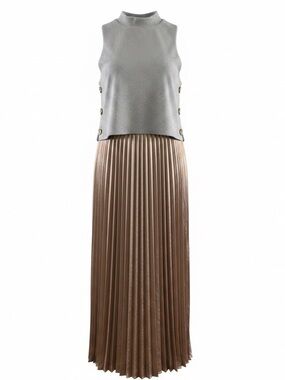 THML Gray Sleeveless Top With Button Detail & Bronze Pleated Maxi Dress Size S